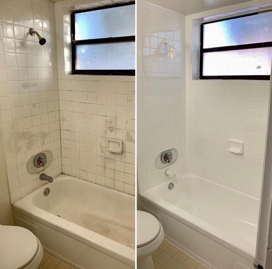 Bathroom tiles and tub cleaned back to bright white