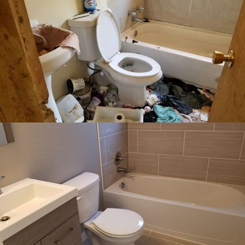 Severely dirty bathroom restored to a clean, hotel-like finish