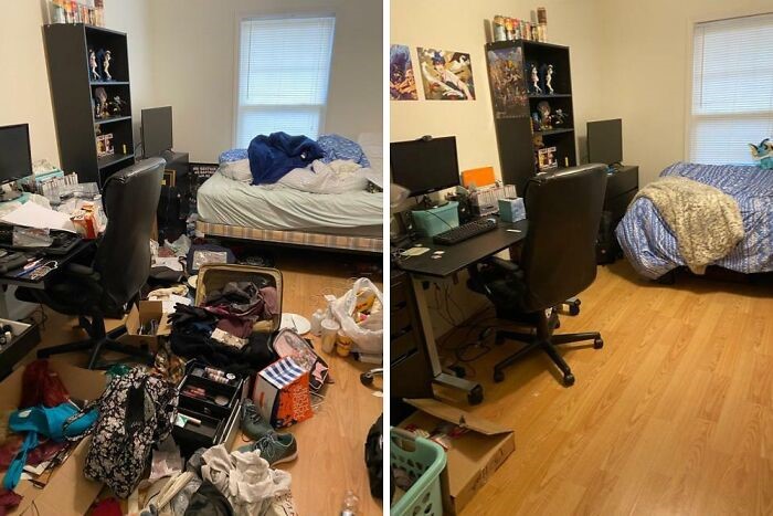 Bedroom and living space cleared of clutter and reset for daily living