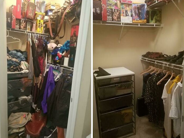 Closet and wardrobe reorganized from overstuffed to neat and accessible